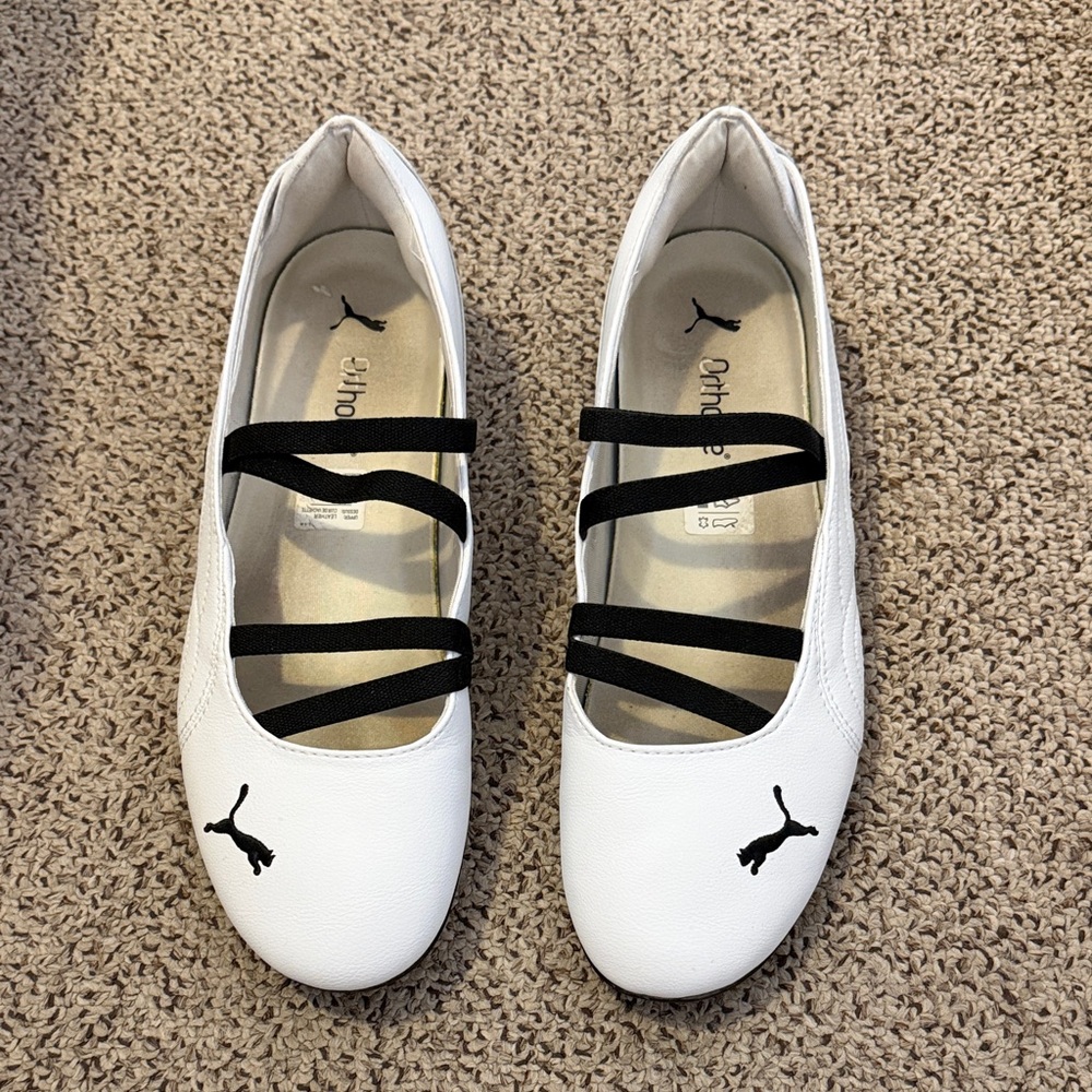 Puma White Speedcat Ballet Flats with Black Straps